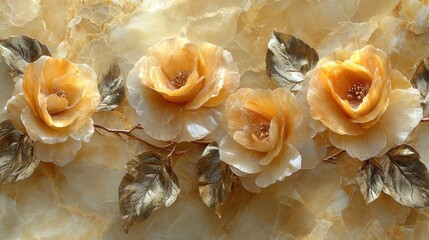 Canvas Print - Onyx roses, gold leaves, marble background, wall decor