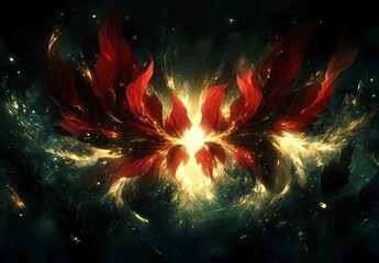 Wall Mural - Abstract digital art depicting fiery, red wings with golden sparks against a dark cosmic background. Intense light emanates from the center, creating