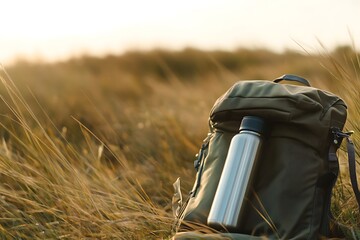 Wall Mural - Hiking Backpack with Water Bottle in Golden Field