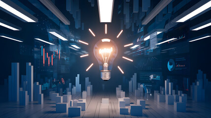 Poster - Illuminating Insights: A glowing lightbulb, radiating brilliance, sits at the center of a futuristic data visualization, symbolizing innovation, groundbreaking ideas, and technological advancements.