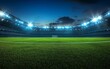 © artwiyanastudio - Night stadium, illuminated soccer field, goal visible, empty stands.