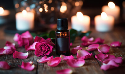 Bottle of essential oil or natural perfume with roses, romantic atmosphere, spa facial and body care. Mockup. Concept for Valentine's day in spa