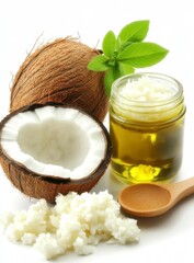 Poster - Close up view of a halved coconut, coconut flakes, a small jar of coconut oil, and a wooden spoon on a white background. The image evokes a sense of