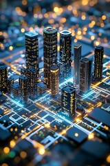 Poster - futuristic city at night, illuminated skyscrapers and streets resembling a circuit board. warm golde