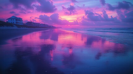 Canvas Print - Pink sunrise reflecting ocean beach homes