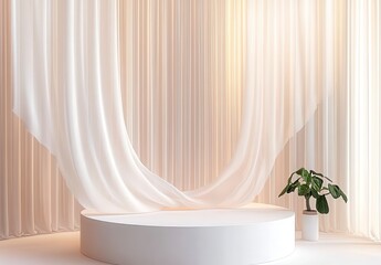 Wall Mural - White cylindrical platform with flowing white fabric backdrop and a small potted plant. Soft lighting creates a serene and minimalist atmosphere