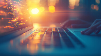 Close-up of hands typing on laptop with glowing code on screen at sunset.