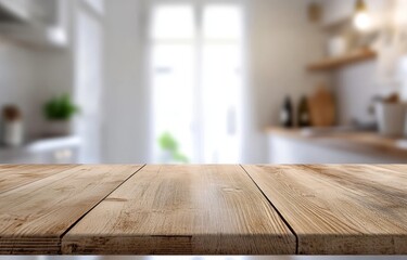 Wall Mural - Wooden table in blurred bright kitchen background.