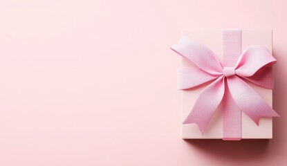 Wall Mural - A pale pink gift box with a delicate pink patterned ribbon bow on a matching background. Simple, elegant, and perfect for celebratory occasions