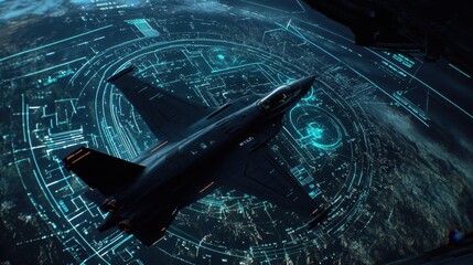 Poster - A precision aircraft engine diagnostic system analyzing turbine efficiency, aerial perspective.