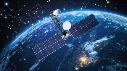 Poster - A satellite-based remote monitoring system analyzing real-time industrial performance, aerial perspective.