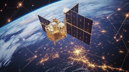 Poster - A satellite-based remote monitoring system analyzing real-time industrial performance, aerial perspective.