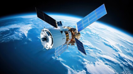 Poster - A satellite-based remote monitoring system analyzing real-time industrial performance, aerial perspective.