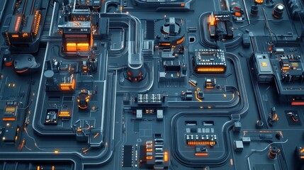 Poster - A smart electronics factory using IoT sensors for real-time production monitoring, top view.
