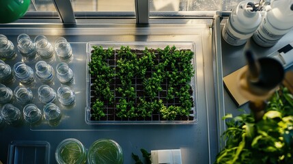 Poster - A top-down look at a research laboratory analyzing soil samples for agricultural improvement.