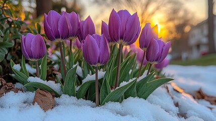 Canvas Print - Purple tulips blooming in snow, sunset