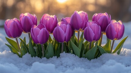 Canvas Print - Purple tulips sunrise snow garden spring