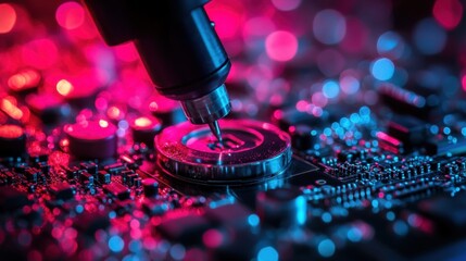 Poster - High-precision electronic components being manufactured with robotic efficiency, top-down perspective.