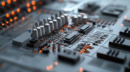 Poster - High-precision electronic components being manufactured with robotic efficiency, top-down perspective.
