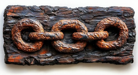 Poster - Rustic dark brown wooden plank with three interconnected rusty metal chain links. Close up view showing texture and detail