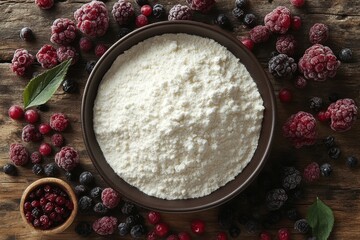 Wall Mural - Bowl of Powdered Ingredient Surrounded by Fresh Berries on Rustic Wooden Table