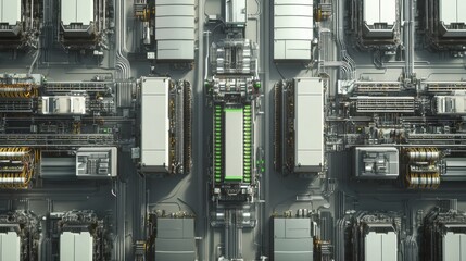 Poster - High-tech lithium battery production facility with automated precision engineering, top-down view.