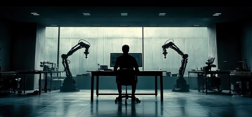 Poster - silhouette of a person seated at a computer in a dimly lit industrial laboratory setting, flanked by