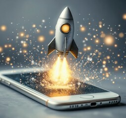 Poster - A silver rocket launching from a smartphone screen, surrounded by sparkling golden particles. The scene is set against a dark gray background