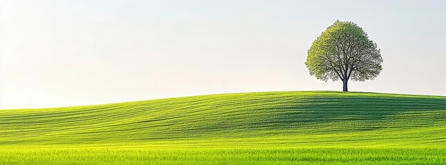 Poster - A single tree stands on a gently sloping hill of vibrant green grass under a bright, clear sky. The scene evokes a feeling of peace and tranquility