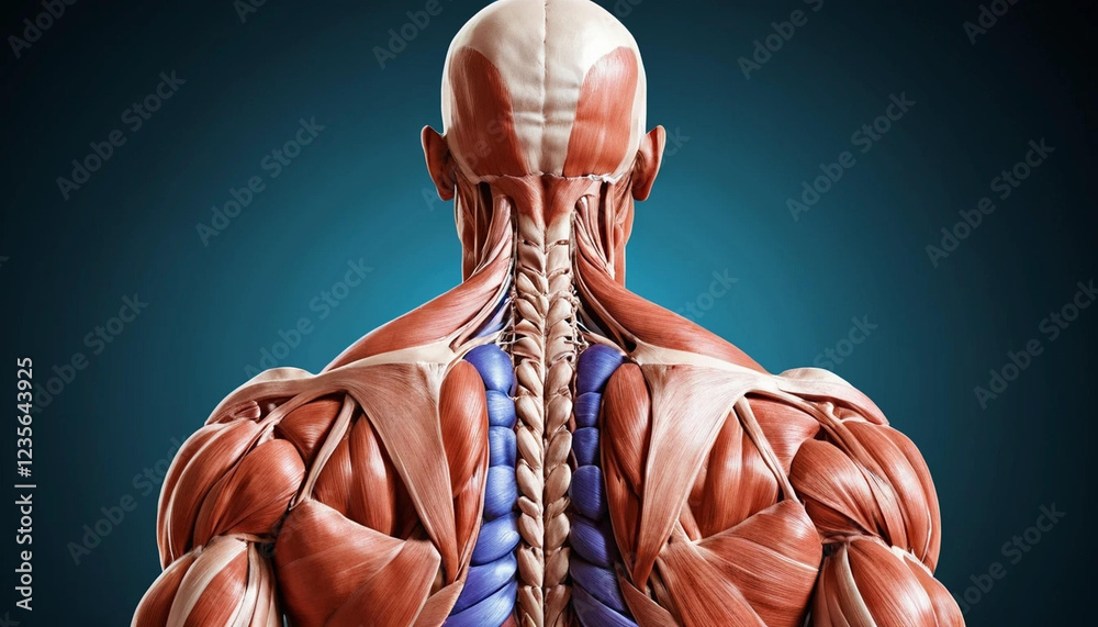 Detailed 3D anatomical model of human back muscles, showing trapezius ...