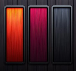 Poster - three vertical rectangular panels with textured surfaces in shades of red, purple, and gray, set aga
