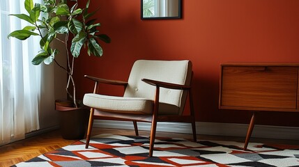 Wall Mural - Cozy Mid-Century Living Room with Green Plant and Stylish Chair