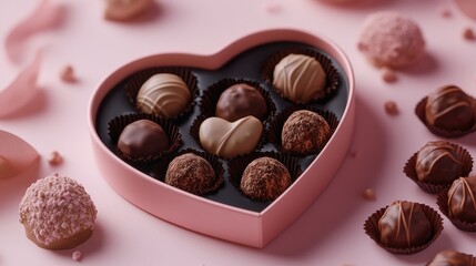 Poster - A beautiful heart-shaped box of chocolates, filled with truffles and pralines, set against a soft pink backdrop for a romantic vibe