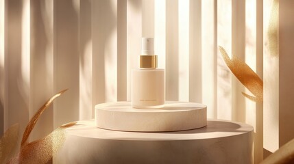 Aufkleber - A beautifully crafted me lotion bottle showcased on a podium with soft, focused lighting, emphasizing its texture and sleek packaging in a beauty campaign setup