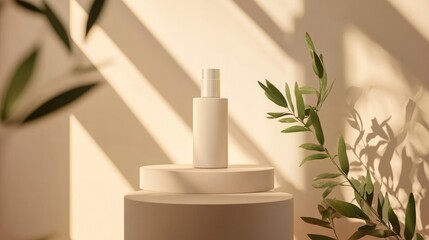 Aufkleber - A beautifully crafted me lotion bottle showcased on a podium with soft, focused lighting, emphasizing its texture and sleek packaging in a beauty campaign setup