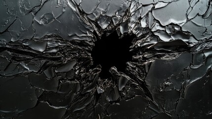 Aufkleber - A black ceramic wall cracked by a swirling void, with dark glowing debris, capturing a surreal and dramatic moment of disruption