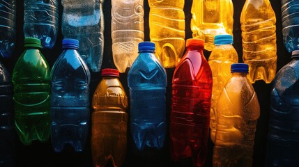 Poster - A bold arrangement of vivid plastic bottles against a moody dark backdrop, capturing the visual contrast of waste and its environmental impact