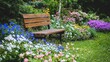 © Kitta Studio - Serene Garden Scene with Wooden Bench Surrounded by Colorful Flowers