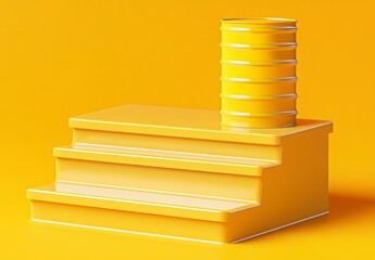 Low poly 3D render of a yellow three step platform with a cylindrical container on top, set against a solid yellow background. Simple, clean design