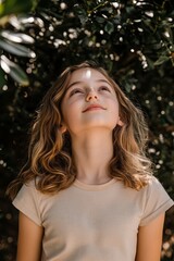 Poster - A young girl with long light brown curly hair looks up into the sunlight filtering through lush green foliage. She is wearing a light beige short