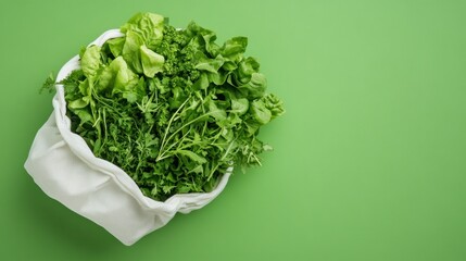 Wall Mural - Fresh greens in reusable bag on green background