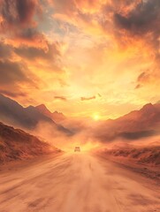 Poster - A scenic sunset over a dusty road, framed by mountains, creating a serene and adventurous atmosphere.