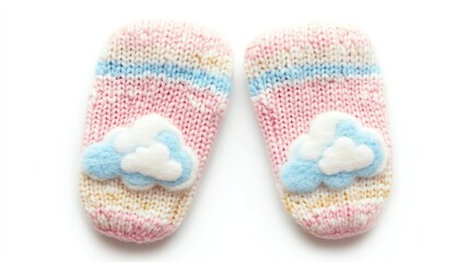 Wall Mural - Colorful knitted baby booties with cloud design, soft and cozy.