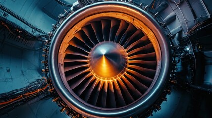 Poster - Close-Up View of Jet Engine Turbine with Vibrant Orange Glow