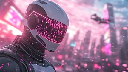 Poster - Futuristic robot in a neon cityscape with vibrant pink accents and a high-tech aesthetic.