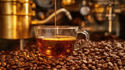 Poster - A close-up of coffee dripping into a glass carafe, with a background of coffee beans and brewing equipment, emphasizing the rich aroma of freshly brewed coffee