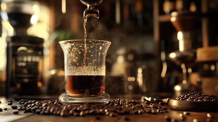 Poster - A close-up of coffee dripping into a glass carafe, with coffee beans and brewing tools arranged neatly in the background, setting the stage for the perfect brew