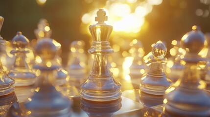 Aufkleber - A close-up of glass chess pieces in the midst of a game, with a pawn moving forward, illuminated by soft golden light to enhance the crystal reflections