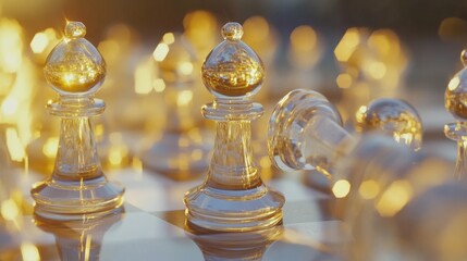 Aufkleber - A close-up of glass chess pieces in the midst of a game, with a pawn moving forward, illuminated by soft golden light to enhance the crystal reflections