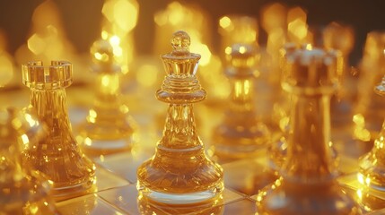 Aufkleber - A close-up of glass chess pieces in the midst of a game, with a pawn moving forward, illuminated by soft golden light to enhance the crystal reflections